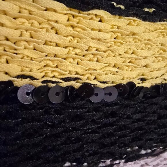 Berek Cardigan Size Large Shell Striped Sequin Black White Yellow Open Stretch - Picture 2 of 6